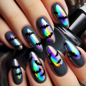 2/$10 Holographic Rainbow Bat False Nail Art Set on Matte Black